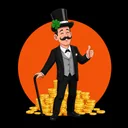 Lucky Mister gentleman mascot with top hat and gold coins
